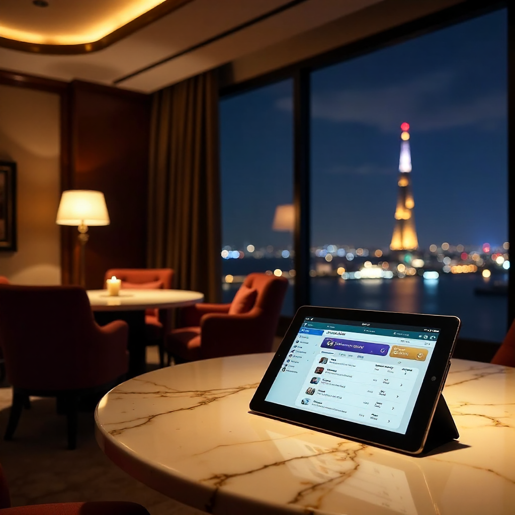 Interior of a premium luxury lounge in a Cairo skyscraper, panoramic window view of the Nile River and Cairo Tower at night, atmosphere of extreme wealth, a tablet on a marble table showing 888starz dashboard, warm ambient lighting, hyper-realistic.